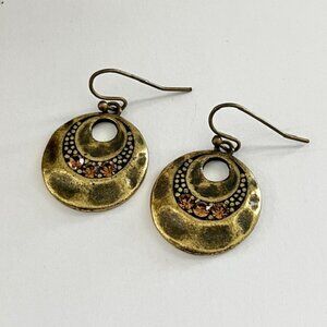 Lia Sophia Earrings Hammered Distressed Brass Tone Amber Rhinestones